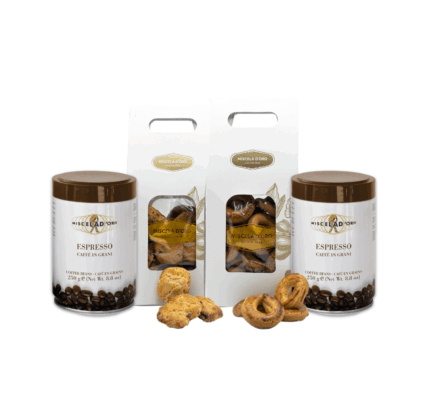 Box con caffè in grani, biscotti siciliani nuddi e ciambelline