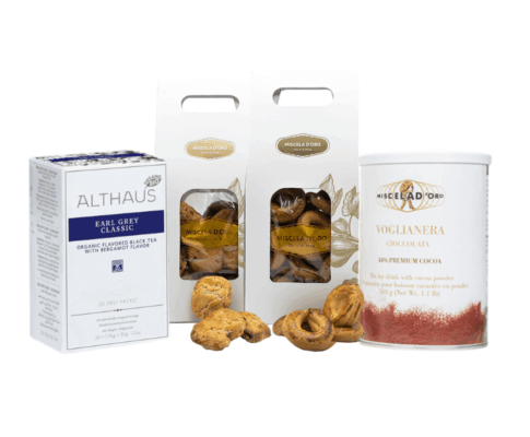 Kit Colazione: Tè Earl Grey, ciambelline, nzuddi e preparato per cioccolata calda